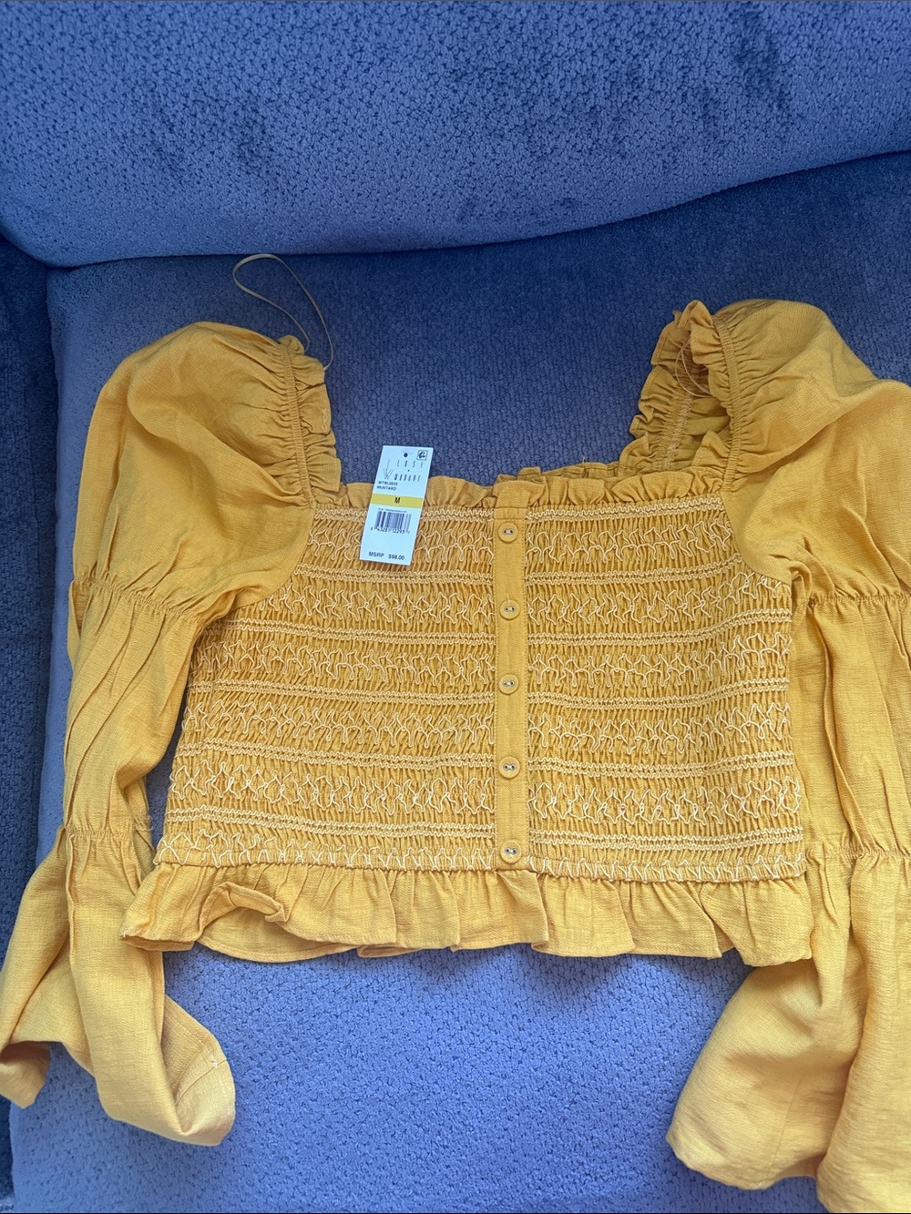 Lost + Wander Mustard Yellow Smocked Puff-Sleeve Crop Top